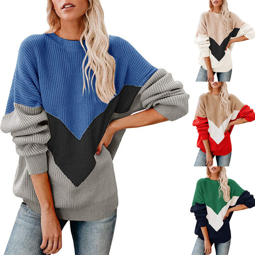 Damen Oversize-Colorblock-Pullover mit V‑Intarsie, Rippbündchen und Strukturstrick Echo Archiv