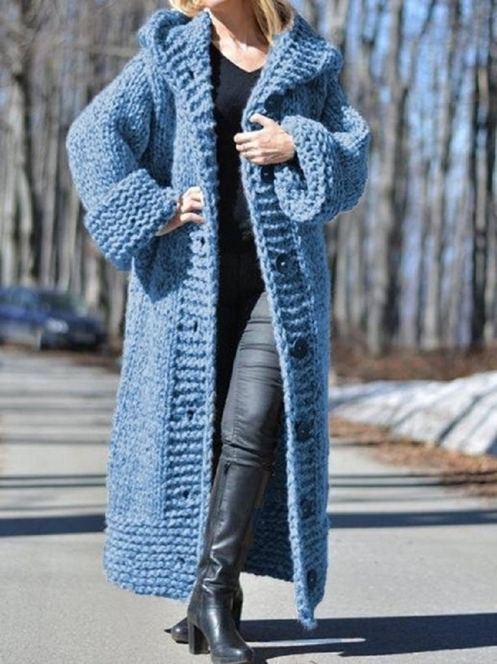 Damen Oversize Grobstrick Maximantel mit Kapuze und Knopfleiste Echo Archiv