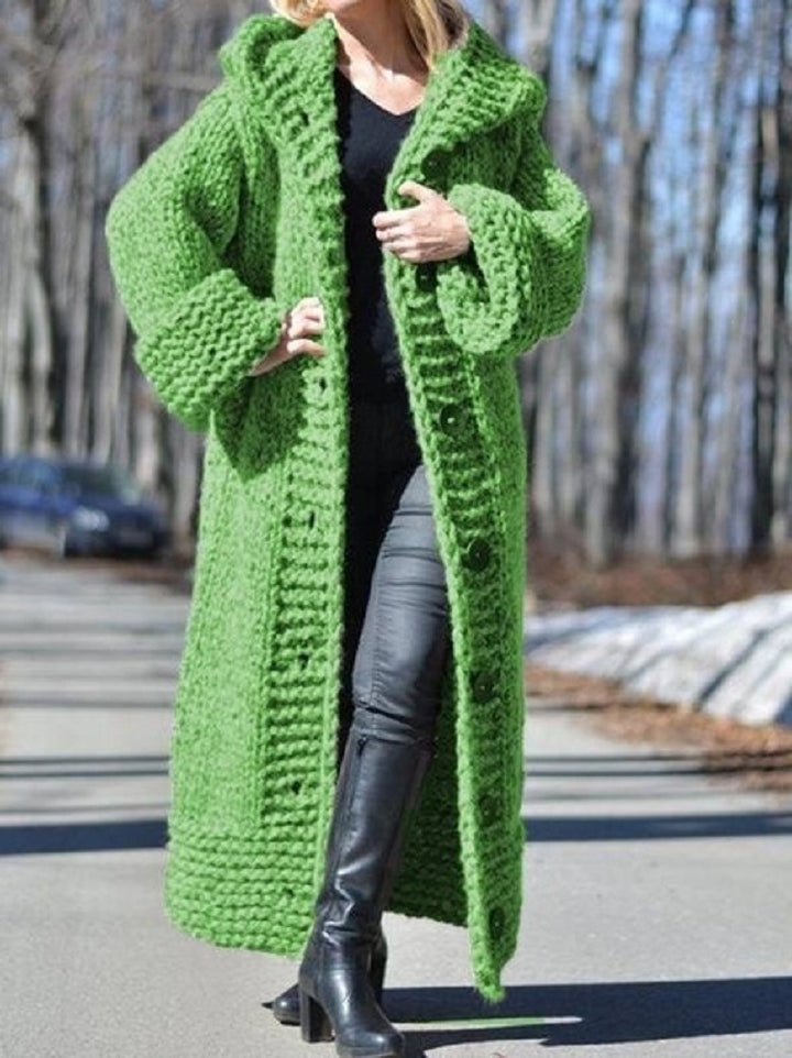 Damen Oversize Grobstrick Maximantel mit Kapuze und Knopfleiste Echo Archiv