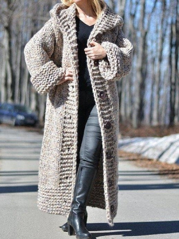 Damen Oversize Grobstrick Maximantel mit Kapuze und Knopfleiste Echo Archiv