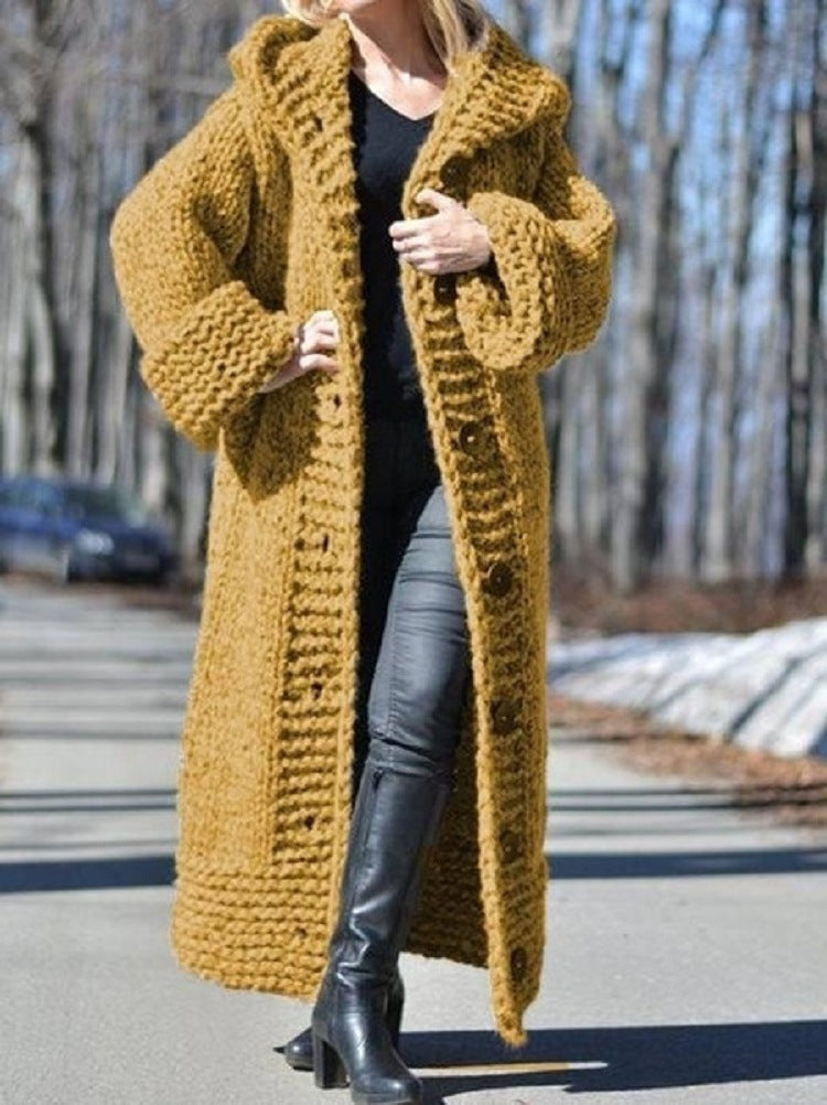 Damen Oversize Grobstrick Maximantel mit Kapuze und Knopfleiste Echo Archiv