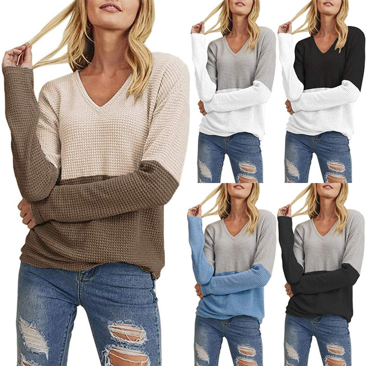 Damen Waffelstrick-Pullover mit V-Ausschnitt und Colorblock-Design Echo Archiv