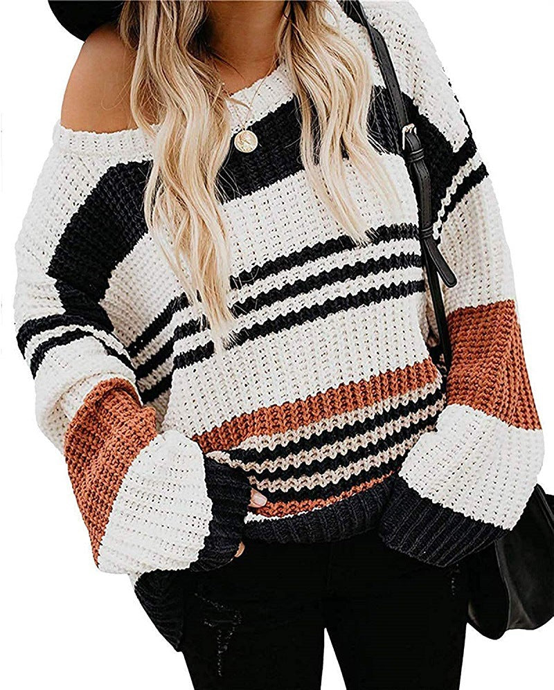 Damen Oversize Waffelstrick-Pullover mit Blockstreifen und überschnittenen Schultern Echo Archiv