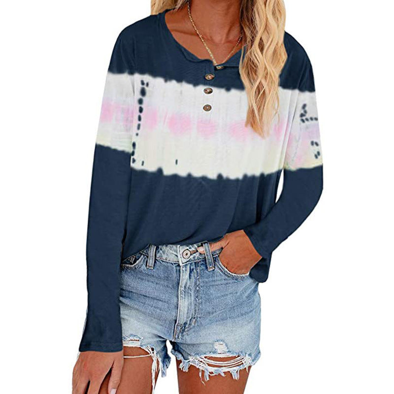 Damen Lässiges Longsleeve Henley-Shirt mit horizontalem Batikpanel Echoarchiv
