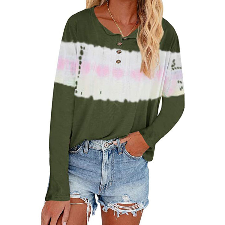 Damen Lässiges Longsleeve Henley-Shirt mit horizontalem Batikpanel Echoarchiv