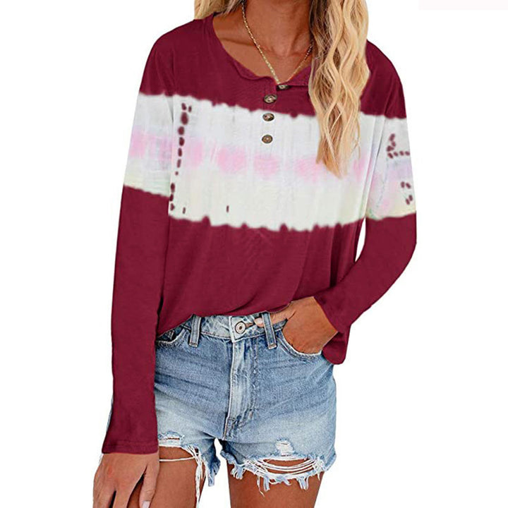 Damen Lässiges Longsleeve Henley-Shirt mit horizontalem Batikpanel Echoarchiv