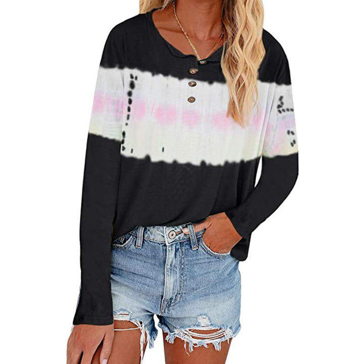 Damen Lässiges Longsleeve Henley-Shirt mit horizontalem Batikpanel Echoarchiv