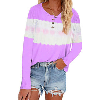 Damen Lässiges Longsleeve Henley-Shirt mit horizontalem Batikpanel Echoarchiv