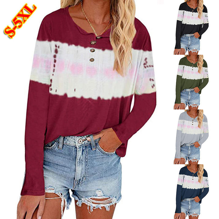Damen Lässiges Longsleeve Henley-Shirt mit horizontalem Batikpanel Echoarchiv