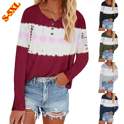 Damen Lässiges Longsleeve Henley-Shirt mit horizontalem Batikpanel Echoarchiv