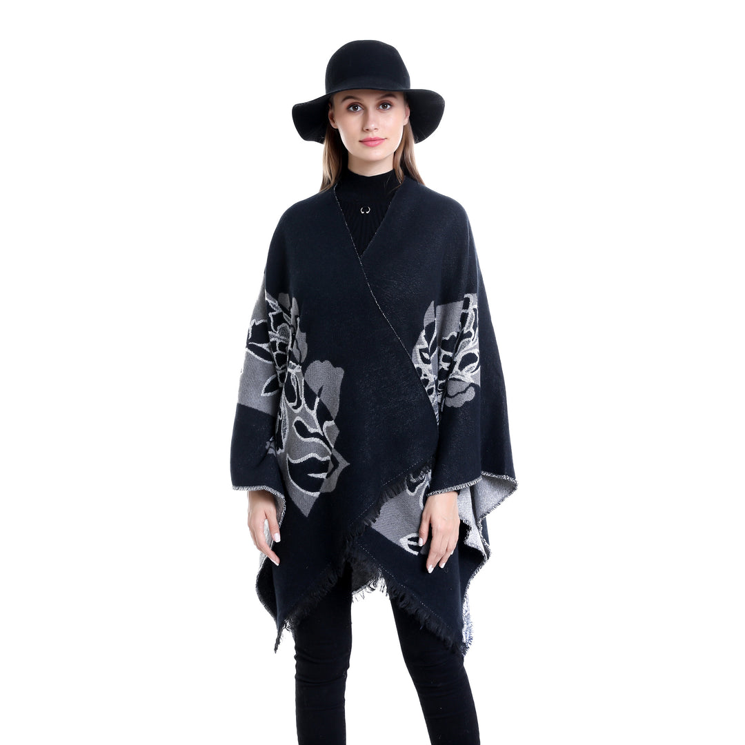 Damen Jacquard‑Ruana mit floralem Motiv, doppellagig und Fransensaum – Avérine