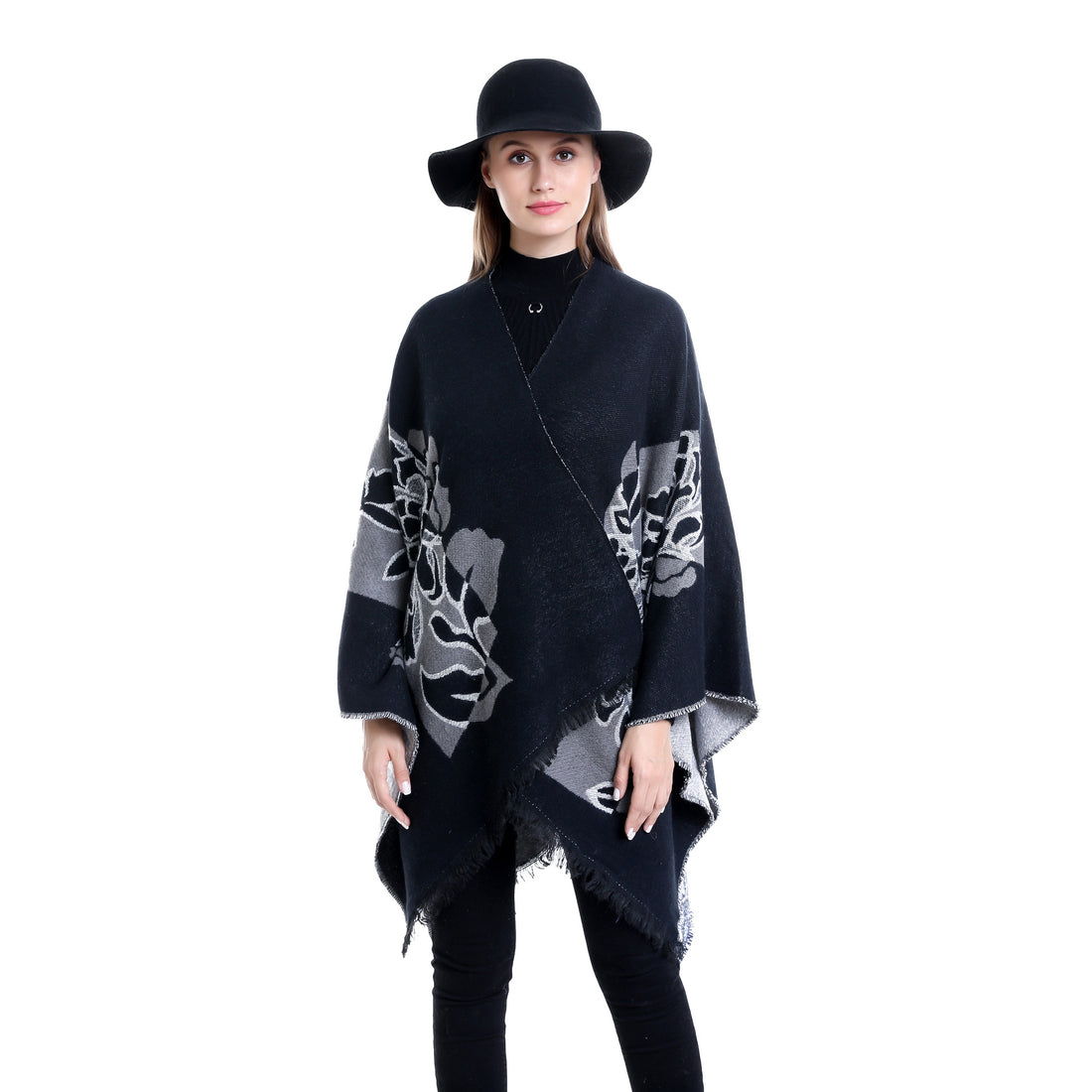 Damen Jacquard‑Ruana mit floralem Motiv, doppellagig und Fransensaum – Avérine