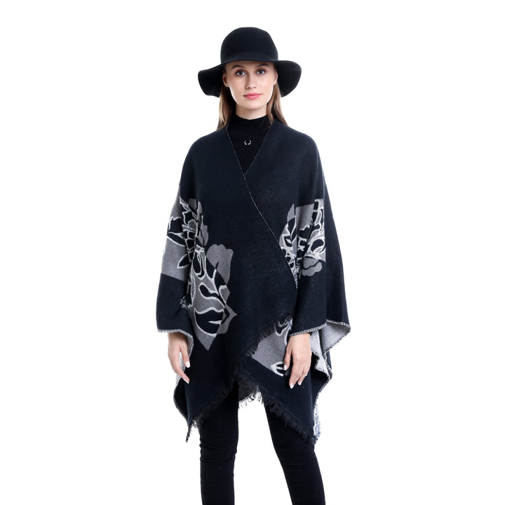 Damen Jacquard‑Ruana mit floralem Motiv, doppellagig und Fransensaum – Avérine