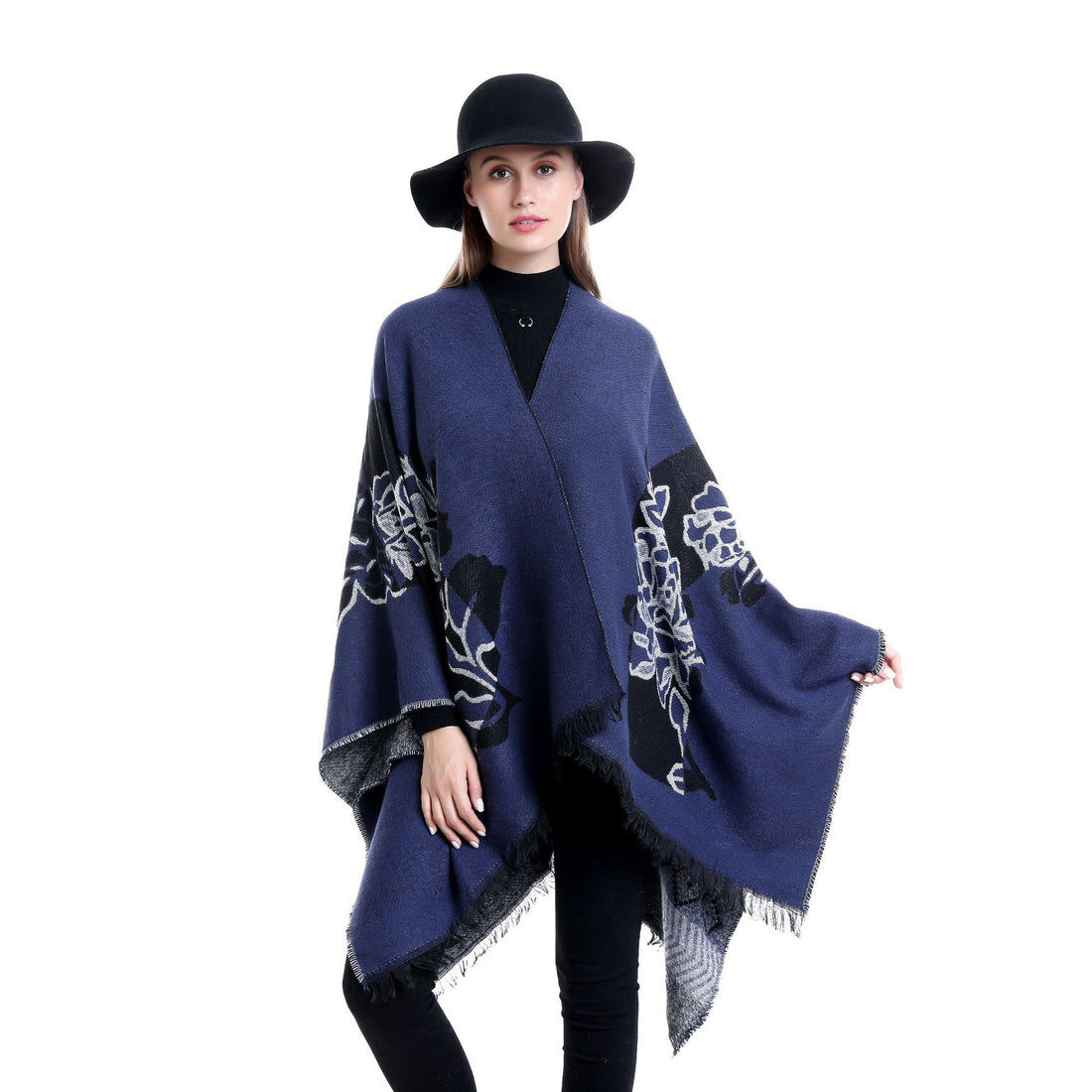 Damen Jacquard‑Ruana mit floralem Motiv, doppellagig und Fransensaum – Avérine