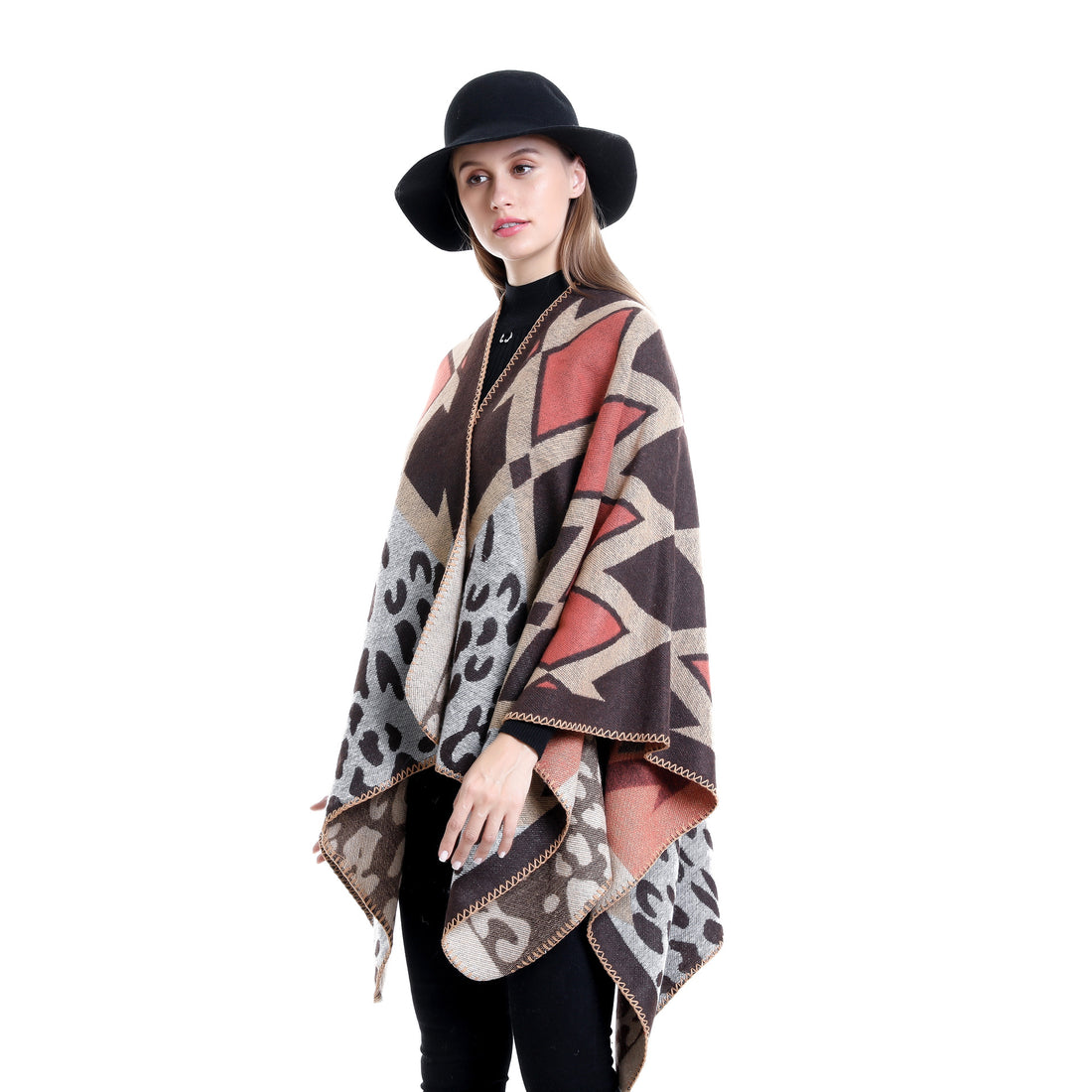 Damen Jacquard-Strickruana mit geometrischem Oversize-Fall und V-Ausschnitt – Veloura