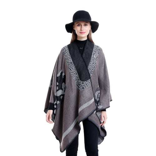 Damen Jacquard-Wollmix Ruana-Poncho mit V-Ausschnitt und Ziernaht Echo Archiv