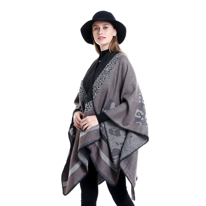 Damen Jacquard-Wollmix Ruana-Poncho mit V-Ausschnitt und Ziernaht Echo Archiv