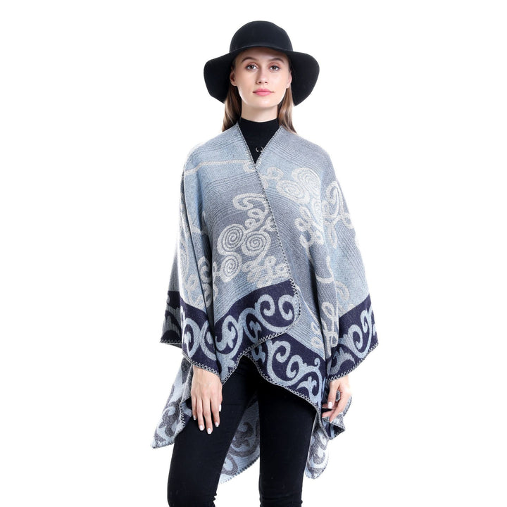 Damen Jacquard‑Ruana‑Poncho aus Wollmix mit asymmetrischem Zipfelsaum – Montévia