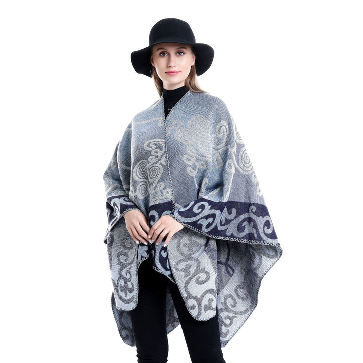 Damen Jacquard‑Ruana‑Poncho aus Wollmix mit asymmetrischem Zipfelsaum – Montévia