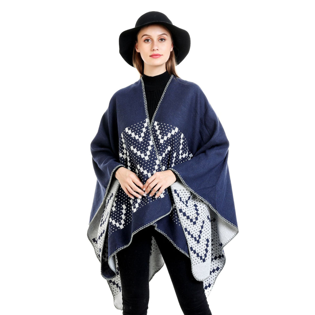Damen Jacquard-Wickelruana mit geometrischem Muster und offener Kimono‑Silhouette – Avérine
