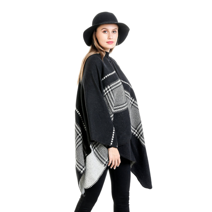 Damen Jacquard-Wollmix-Ruana mit offenem Kimono-Fall und dekorativer Kettelnaht – Montévia