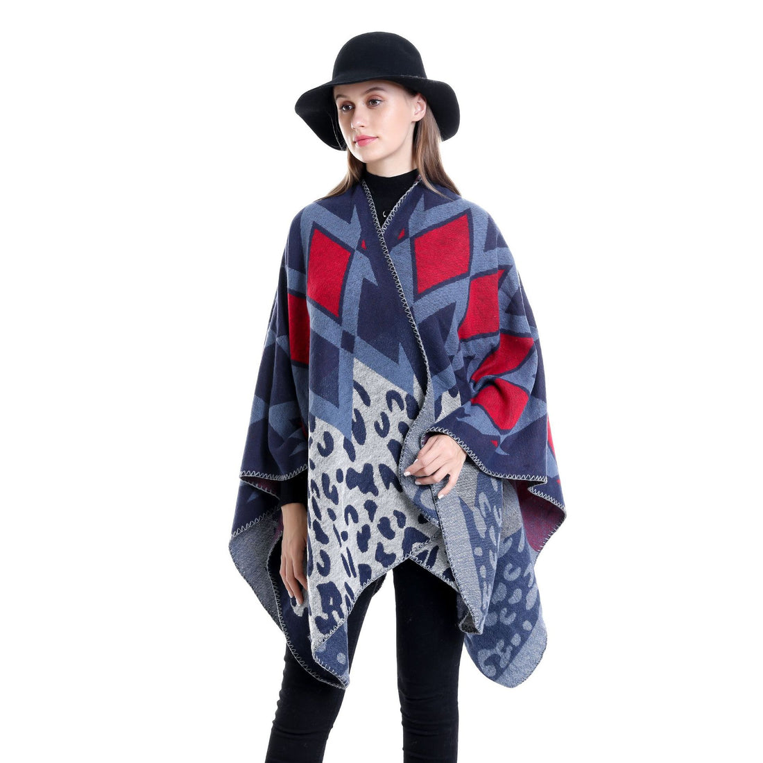 Damen Oversize-Ruana-Poncho mit geometrischem und Animal-Jacquard – Célinea