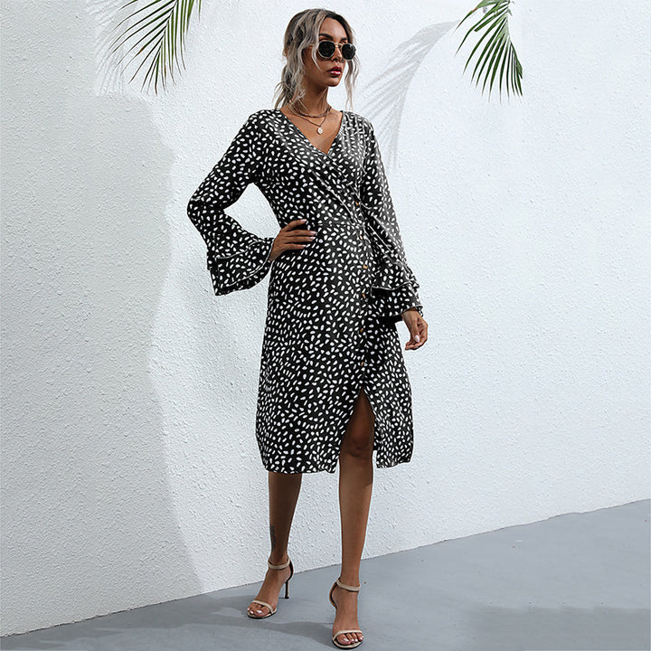 Damen Midi-Wickelkleid im Tupfenmuster mit Volant-Bündchen & Taillenkordel – Élara