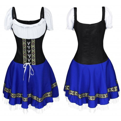 Damen traditionelles Dirndlkleid mit Spitzenärmeln Miederkorsage und geraffter Schürze – Élara