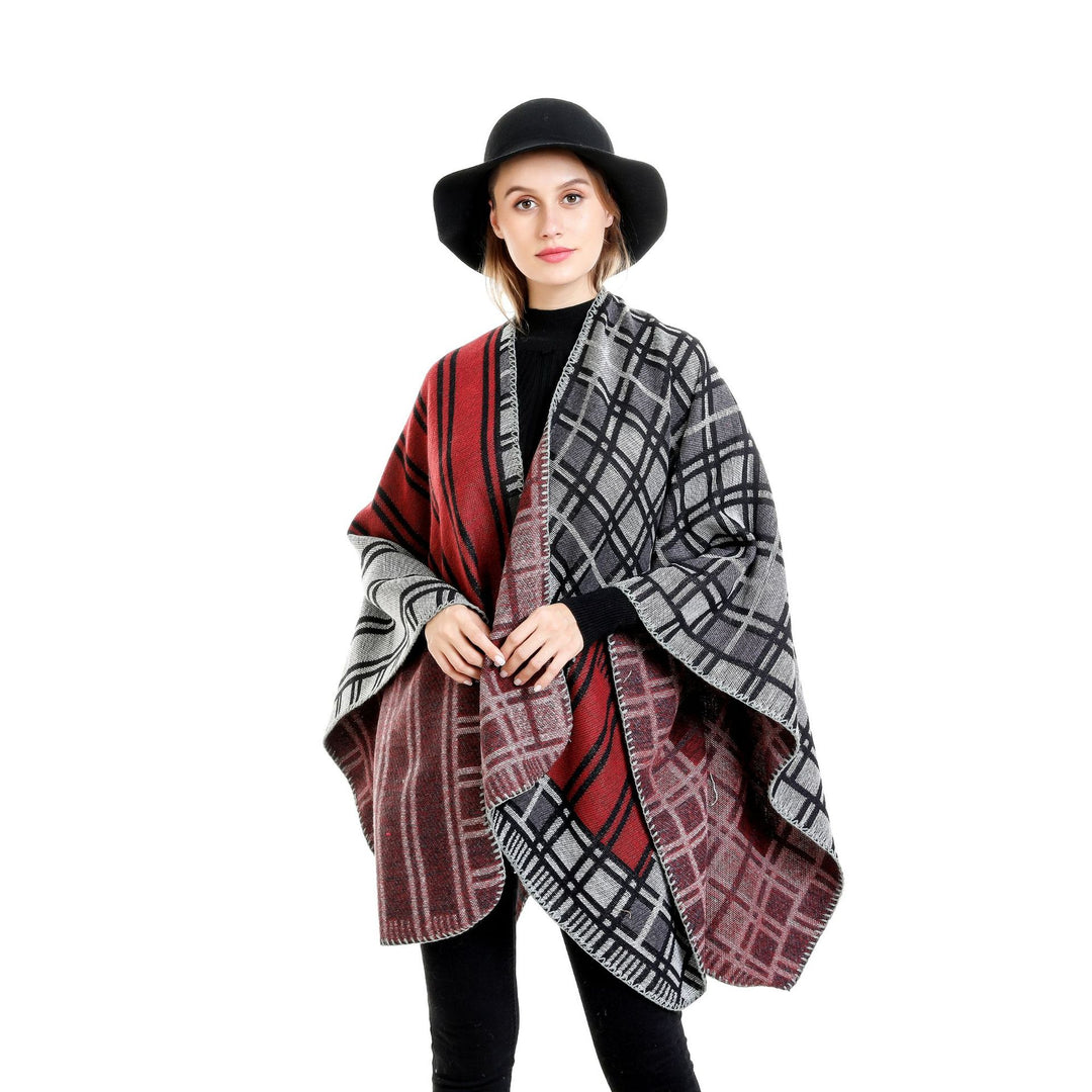 Damen Oversize-Ruana im Patch-Karo-Strick mit offenem Saum Echo Archiv