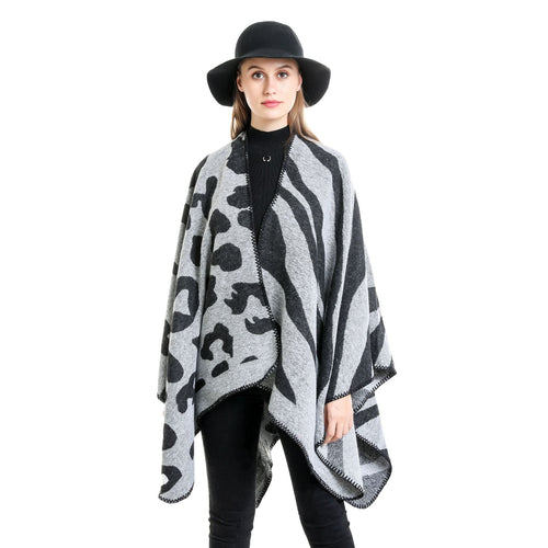 Damen Oversize‑Poncho im Revers‑Stil mit Animal‑Jacquard aus Wollmix Echo Archiv