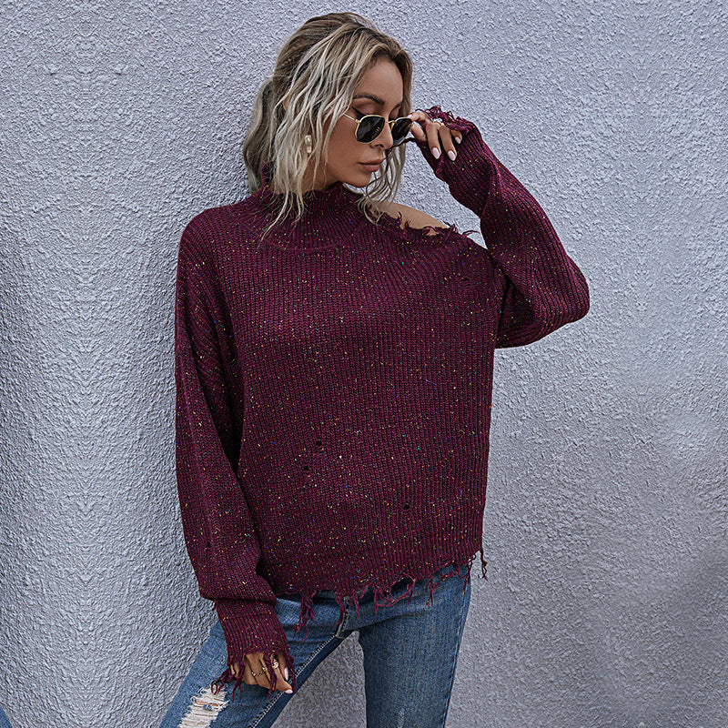Damen Grobstrickpullover mit hohem Kragen, asymmetrischem Schultercut‑Out und ausgefranster Saum Echoarchiv
