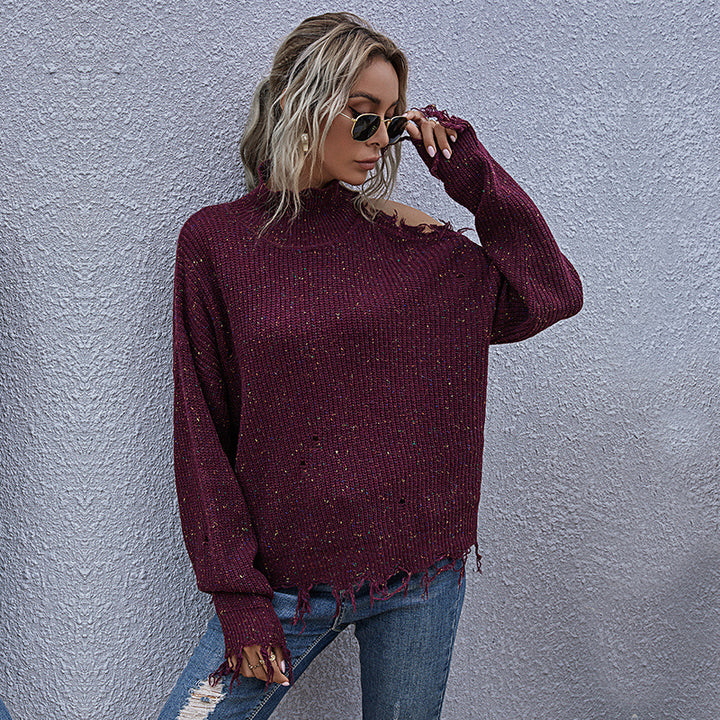 Damen Grobstrickpullover mit hohem Kragen, asymmetrischem Schultercut‑Out und ausgefranster Saum Echoarchiv