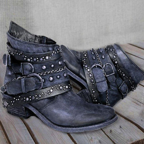 Damen nan knöchelhohe Biker-Stiefelette mit mehreren Nietenriemen, dekorativen Ketten und verstellbaren Schnallen Echo Archiv