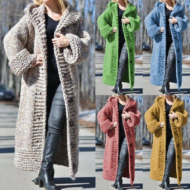 Damen Oversize Grobstrick Maximantel mit Kapuze und Knopfleiste Echo Archiv