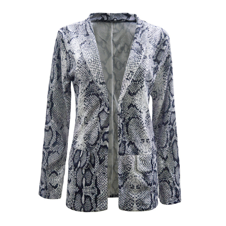 Damen Leichter Longblazer mit Schlangenprint, offener Front und aufgesetzten Taschen Echoarchiv