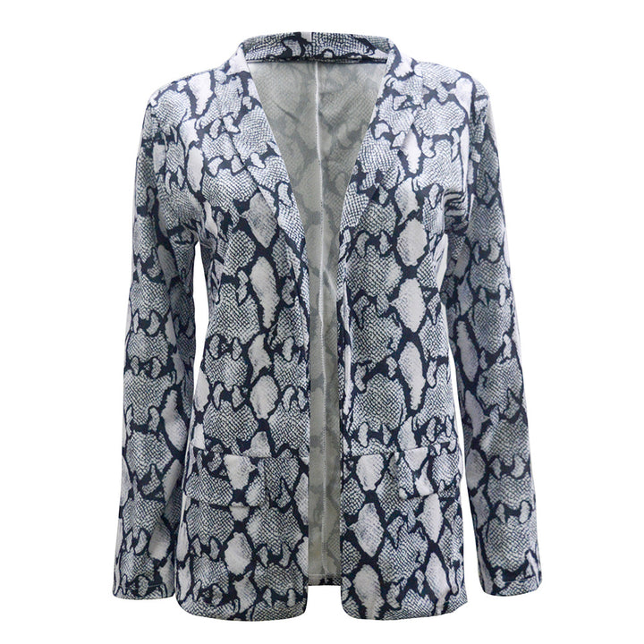 Damen Leichter Longblazer mit Schlangenprint, offener Front und aufgesetzten Taschen Echoarchiv