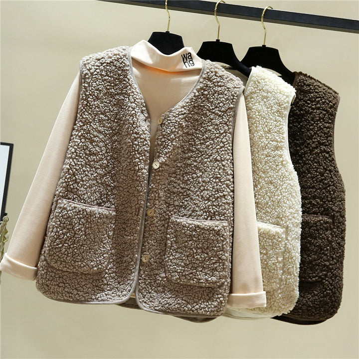 Damen kuschelige Teddyweste mit Druckknopf und aufgesetzten Taschen – Avérine