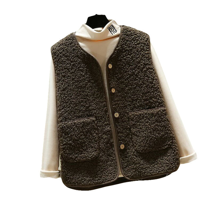 Damen kuschelige Teddyweste mit Druckknopf und aufgesetzten Taschen – Avérine