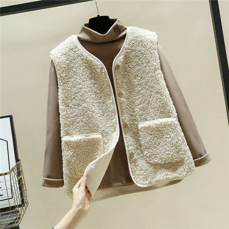 Damen kuschelige Teddyweste mit Druckknopf und aufgesetzten Taschen – Avérine