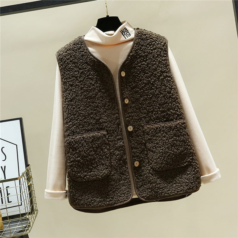 Damen kuschelige Teddyweste mit Druckknopf und aufgesetzten Taschen – Avérine