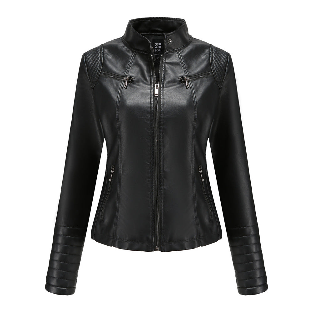 Damen nan taillierte Bikerjacke aus Kunstleder mit Stehkragen und gesteppter Ärmelpartie Echo Archiv