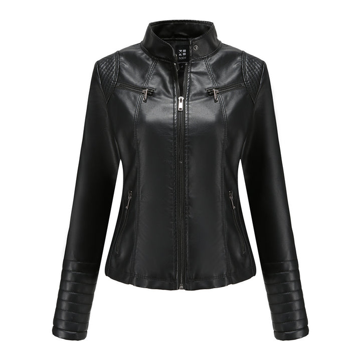Damen nan taillierte Bikerjacke aus Kunstleder mit Stehkragen und gesteppter Ärmelpartie Echo Archiv