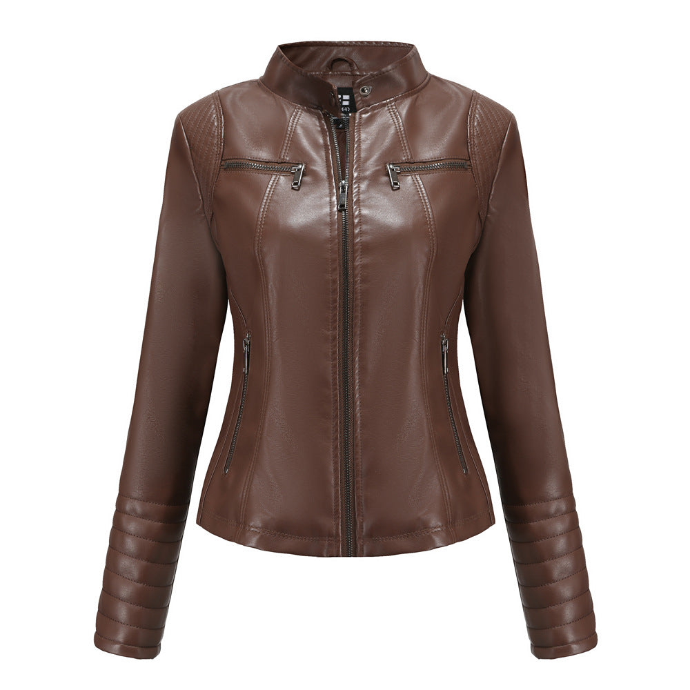Damen nan taillierte Bikerjacke aus Kunstleder mit Stehkragen und gesteppter Ärmelpartie Echo Archiv