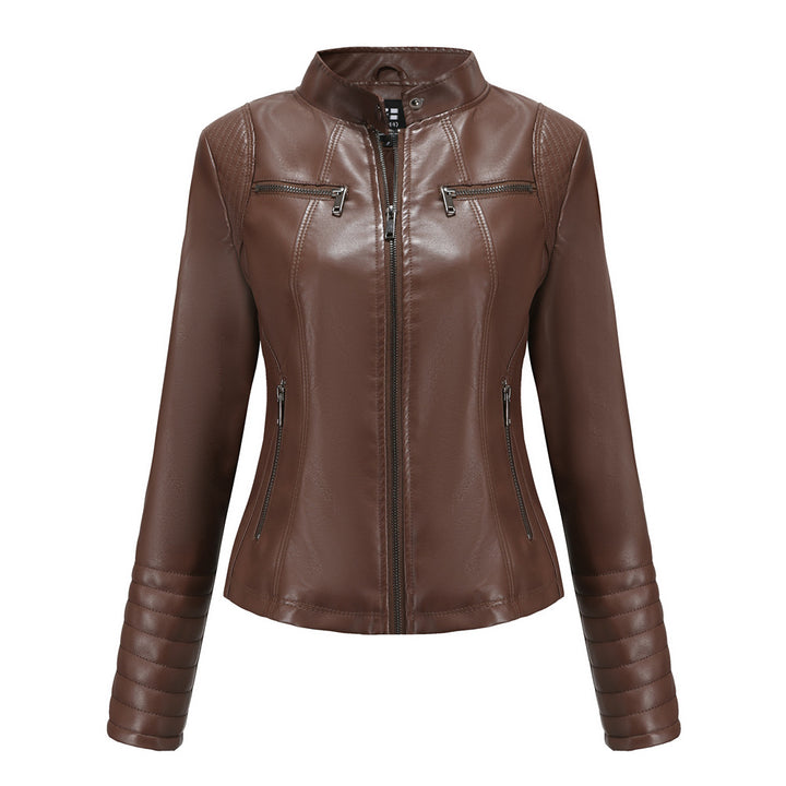 Damen nan taillierte Bikerjacke aus Kunstleder mit Stehkragen und gesteppter Ärmelpartie Echo Archiv