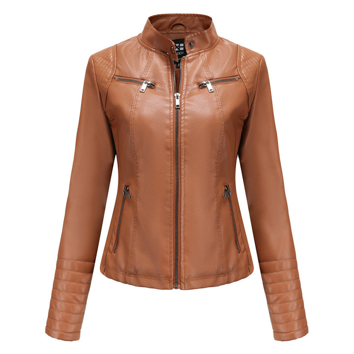 Damen nan taillierte Bikerjacke aus Kunstleder mit Stehkragen und gesteppter Ärmelpartie Echo Archiv
