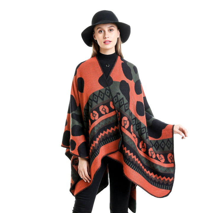 Damen Jacquard-Ruana‑Poncho mit Ethno‑Jacquard und offenem Oversize‑Fall Echo Archiv