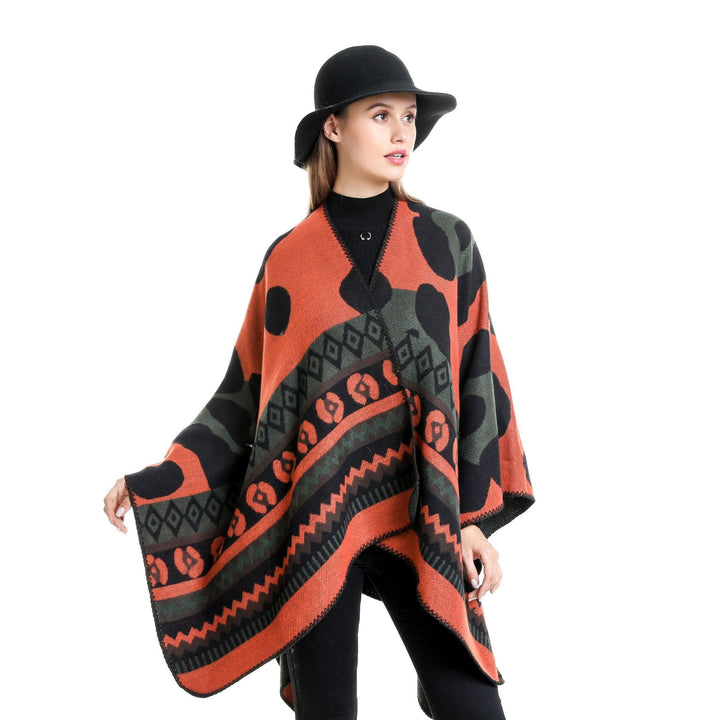 Damen Jacquard-Ruana‑Poncho mit Ethno‑Jacquard und offenem Oversize‑Fall Echo Archiv