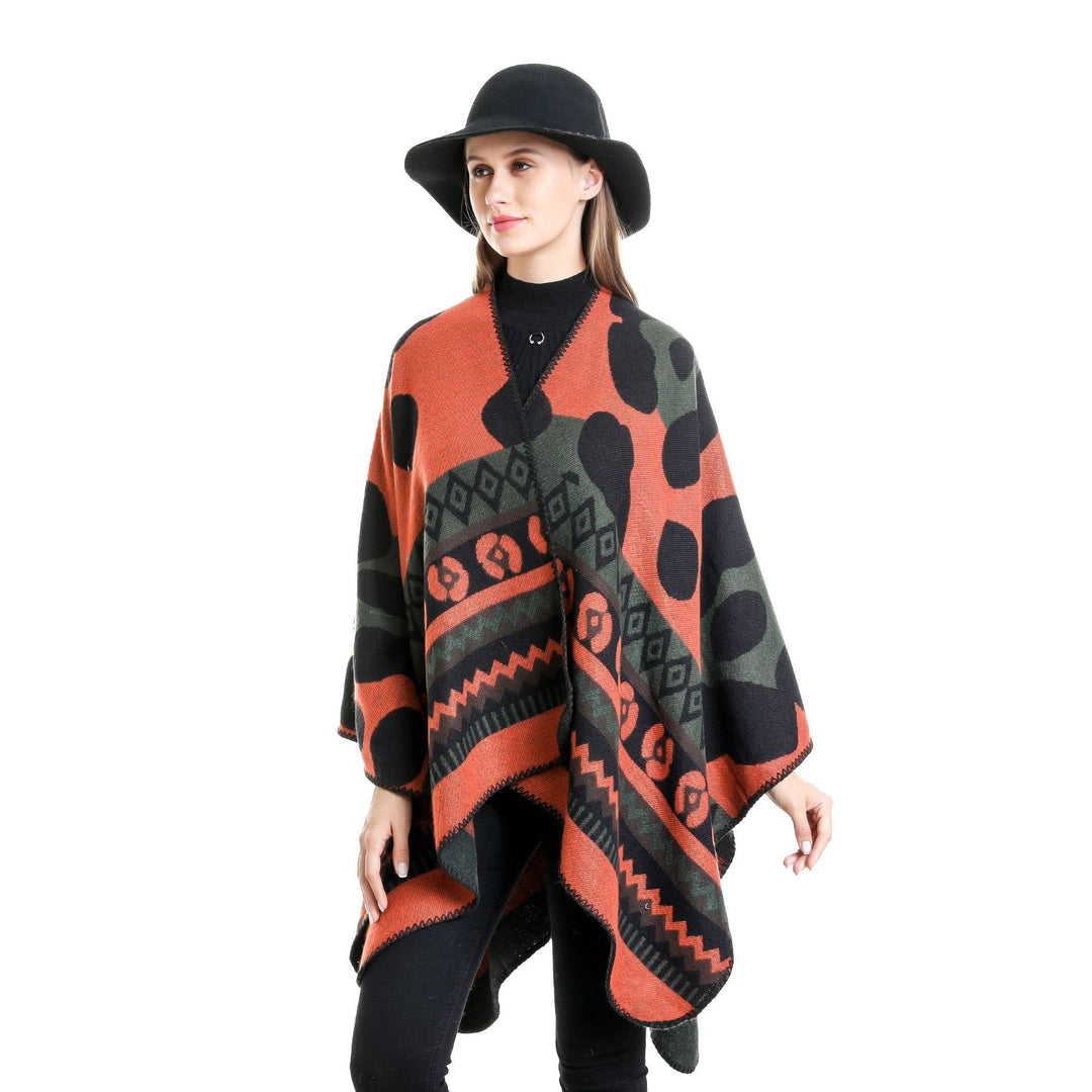 Damen Jacquard-Ruana‑Poncho mit Ethno‑Jacquard und offenem Oversize‑Fall Echo Archiv