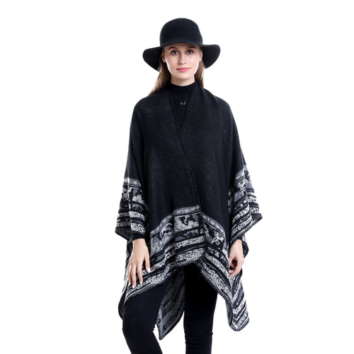 Damen Weichfallende Oversize-Ruana im Umhangstil mit ornamentaler Bordüre Echo Archiv