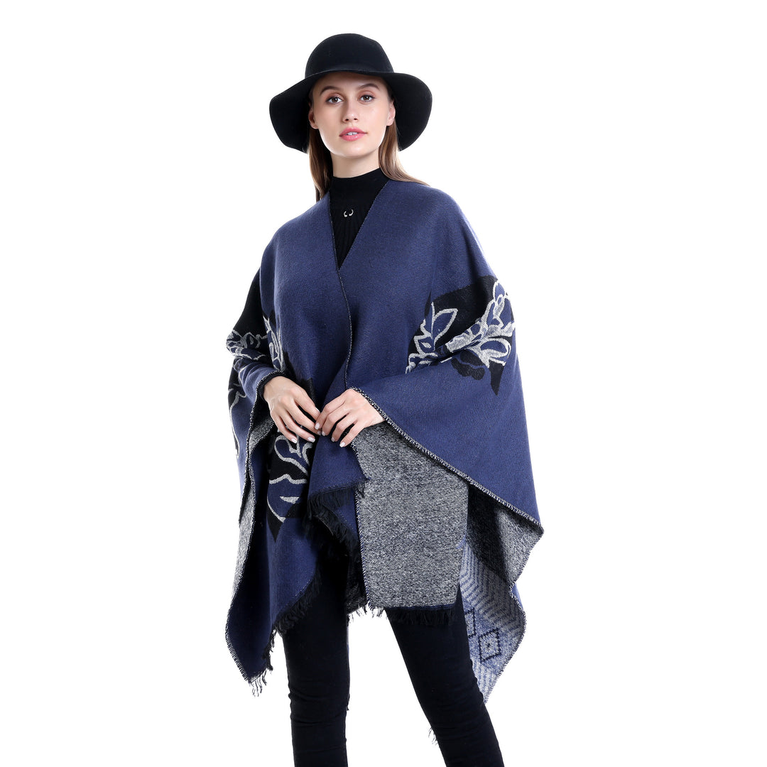 Damen Jacquard‑Ruana mit floralem Motiv, doppellagig und Fransensaum – Avérine